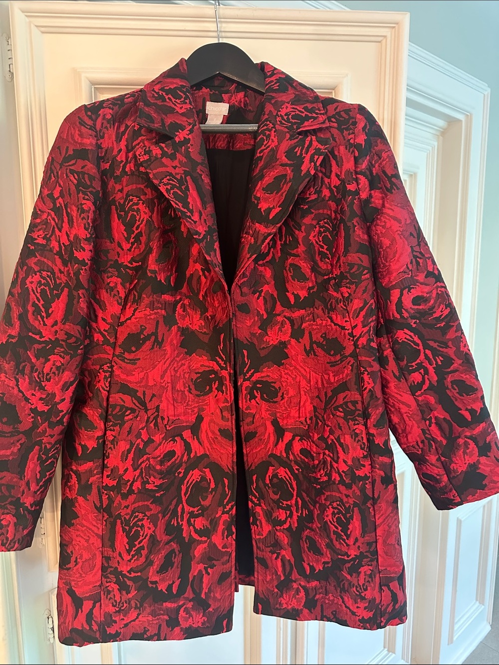 Chico's Red and Black Floral Jacquard Pea Coat